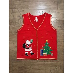 Holiday Time Christmas Sweater Vest Womens XL Red Acrylic Santa Tree Ugly Party